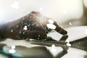 Poster - Double exposure of social network icons concept and hand working with a digital tablet on background. Networking concept