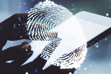Aufkleber - Abstract creative fingerprint concept with finger clicks on a digital tablet on background. Multiexposure