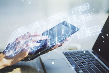 Aufkleber - Creative Code word hologram and finger clicks on a digital tablet on background, artificial intelligence and neural networks concept. Multiexposure