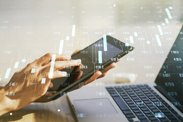 Fototapete - Multi exposure of abstract statistics data hologram interface and hand working with a digital tablet on background, computing and analytics concept