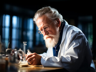 Poster - Senior scientist working in a laboratory. He is carrying out scientific research. Generative AI