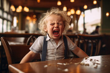 Unhappy toddler boy having a temper tantrum in cafe or restaurant