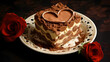 Valentine's day tiramisu with a heart shape decoration on a plate with two red rosebuds on the side. Love concept. 