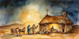 Fototapeta Londyn - Watercolor painting of a scene from the nativity of Jesus. Generative AI.