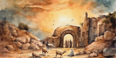 Wall Mural - Watercolor painting of a scene from the nativity of Jesus. Generative AI.