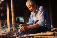 Old Man Knitting A Fishing Net. AI Generated