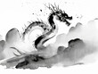 水墨画で描かれた年賀状の干支 雲の中から現れた辰（龍）