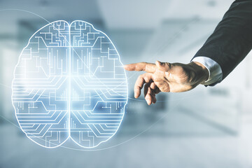 Aufkleber - Man hand working with virtual creative artificial Intelligence hologram with human brain sketch on blurred office background. Multiexposure