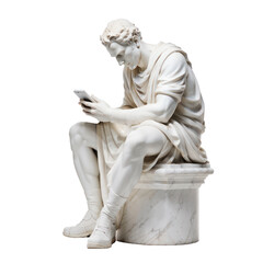 Marble statue of greek Man. screen addiction. Tablet.  greek Man statue addict to smart phone or tablet. PNG