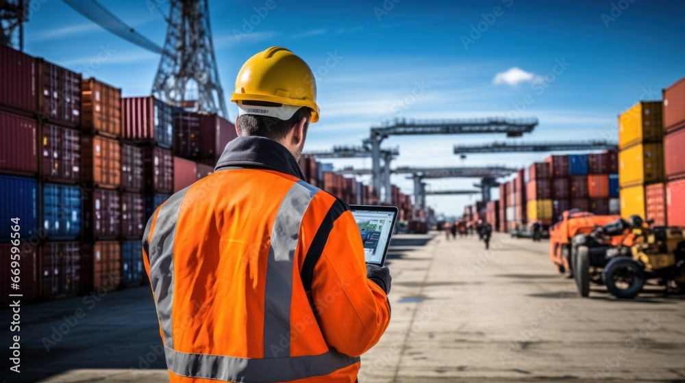 Engineer and tablet at container yard from cargo ship for import-export ...