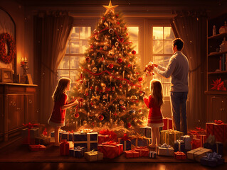 Wall Mural - family near christmas tree in the room