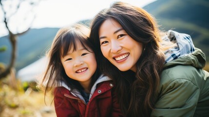 Happy Asian mother and daughter relaxing in nature with RV