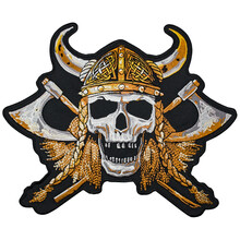 Embroidered Patch With Viking Skull In Horned Helmet With Axes. Asatru Paganism Nordic Beliefs. Odin, Thor, Loki, Valhalla. Accessory For Bikers, Motorcyclists, Rockers, Metalheads, Punks. Rock'n'roll
