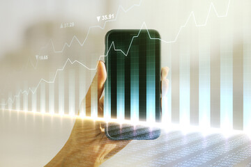 Aufkleber - Abstract creative financial graph and hand with phone on background, forex and investment concept. Multiexposure