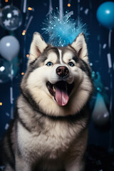 Alaskan Malamute in blue party hat welcomes New Year with noise maker 