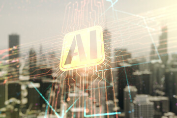 Poster - Double exposure of creative artificial Intelligence icon on blurry cityscape background. Neural networks and machine learning concept