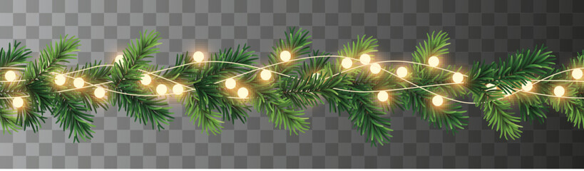 Wall Mural - vector seamless decorative christmas garland with coniferous branches and glowing light chain on tra