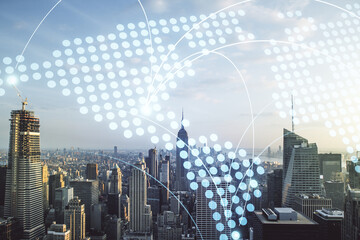 Poster - Abstract virtual world map with connections on New York city skyline background, international trading concept. Multiexposure