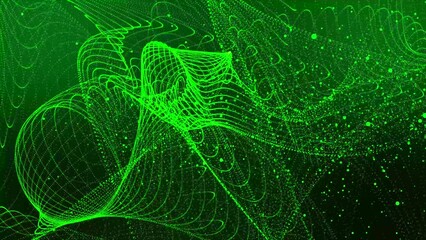 Poster - Green color abstract dots or particle backgrounds. 3D rendering of bright glowing purple distorted particles in waves. Particles Futuristic digital background for business Science and technology