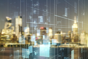 Poster - Multi exposure of stats data illustration on blurry skyline background, computing and analytics concept
