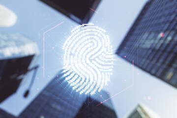 Aufkleber - Double exposure of virtual creative fingerprint hologram on modern skyscrapers background, research and development concept