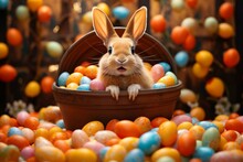 Joyful Bunny Surrounded By Vibrant Easter Eggs, In Orange Tub. Generative AI