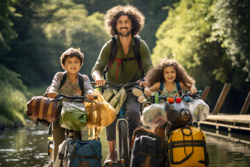 Sustainable travel. Environmentalist family riding a bike together in the forest.