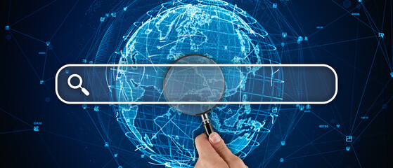 Human hand holds a magnifier in the search bar tab. Creative interface browser.