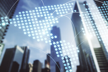 Poster - Double exposure of abstract digital world map hologram with connections on modern skyscrapers background, research and strategy concept