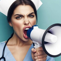 Poster - Nurse yelling on a megaphone, solid color background, copy space