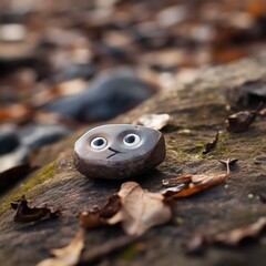 Wall Mural - A rock with eyes sitting on top of leaves, AI. Pareidolia.