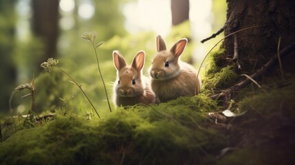 Two rabbits sitting on the ground in the woods, AI