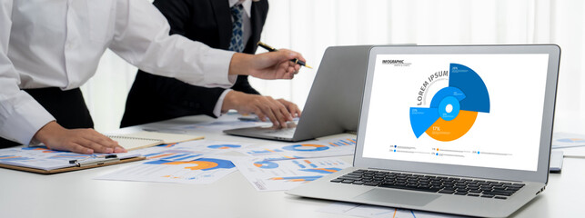 Poster - Business data dashboard analysis by computer software . Investment application display business sales and profit on the computer screen and advise marketing planning decision oratory .
