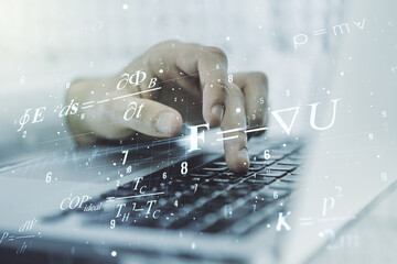 Poster - Double exposure of creative scientific formula concept with hands typing on laptop on background, research and development concept