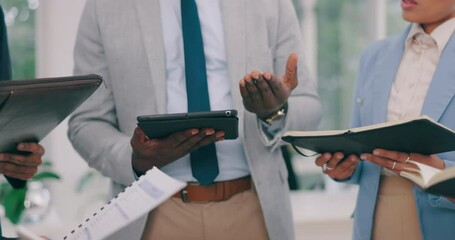 Aufkleber - Closeup, business people and group with a tablet, meeting and planning with teamwork, project and cooperation. Staff, manager and employees with tech, digital app or brainstorming with collaboration