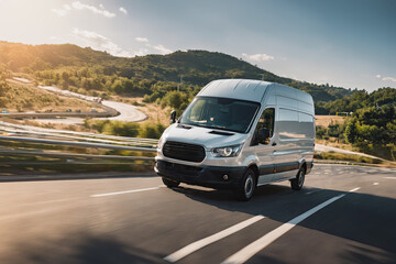 White modern delivery small shipment cargo courier van moving fast on motorway road to city urban suburb. Business distribution and logistics express service