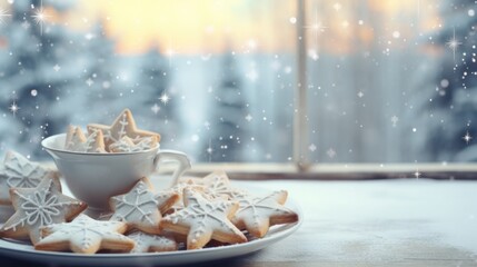 Wall Mural - Scandinavian Christmas: Festive Star-Shaped Cookies Piled in a Bag on a Bright Coloured Background