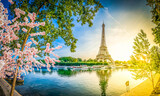 Fototapeta Most - Paris Eiffel Tower and river Seine with sunrise sun in Paris, France. Eiffel Tower is one of the most iconic landmarks of Paris, panorama with sunshine
