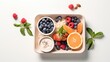 healthy breakfast box, flat lay style copy text space 