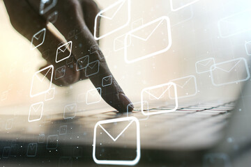 Poster - Creative abstract postal envelopes sketch with hands typing on computer keyboard on background, e-mail and marketing concept. Double exposure
