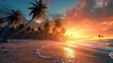 Fototapeta Zachód słońca - A beautiful beach with coconuts trees at sunset generative ai