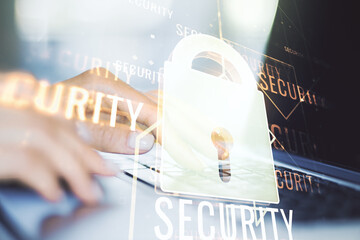 Poster - Creative lock illustration with microcircuit and hands typing on computer keyboard on background, cyber security concept. Multiexposure