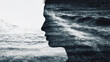 Face with side profile and double exposure portrait of the ocean