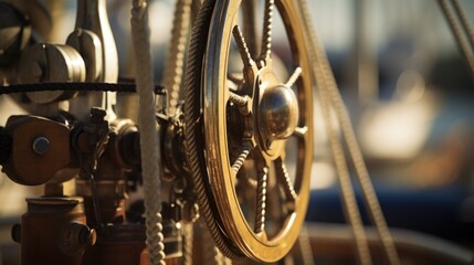 Poster - A close up of a steering wheel on a sail boat, AI