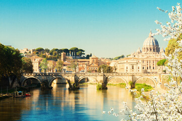 Canvas Print - St. Peter's cathedral over bridge and river in Rome at spring, Italy