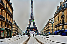 Generative AI Enchanted Parisian Winter: Eiffel Tower's Snowy Twilight"