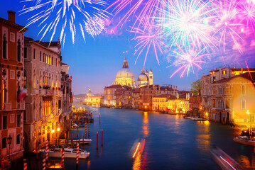 Sticker - Grand canal and Basilica Santa Maria della Salute at night with fireworks, Venice, Italy