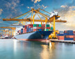 © Beste stock - Global business logistics import export of containers cargo freight ship loading at port by crane, container transport, cargo plane, truck to port background