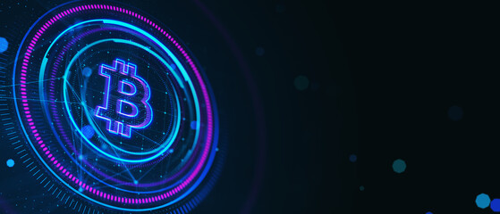Poster - Creative glowing round polygonal bitcoin hologram on dark wide background with mock up place. Online banking and cryptocurrency concept. 3D Rendering.