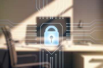 Aufkleber - Double exposure of creative lock hologram with chip and modern desktop with laptop on background. Information security concept